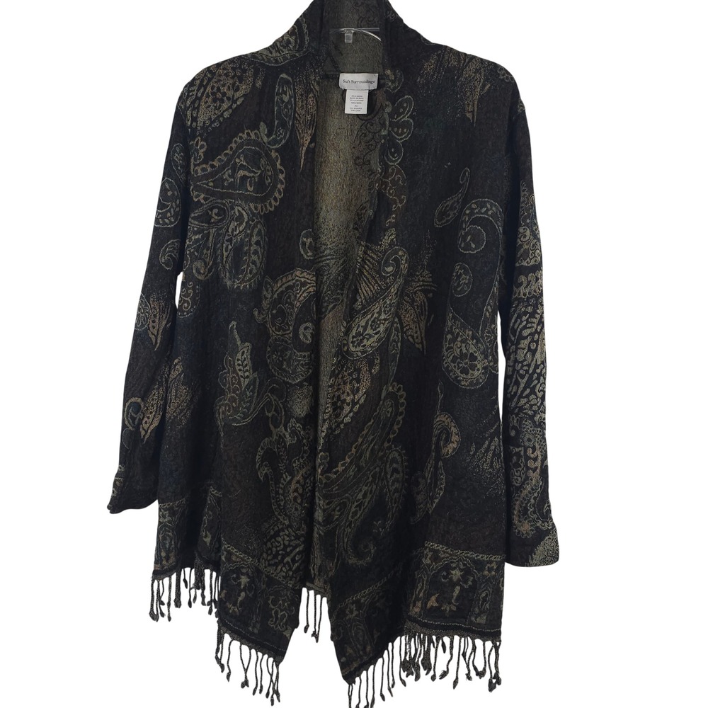 Soft Surroundings Womens XL Paisley Gray Green Open Front Shawl Boho Cottagecore